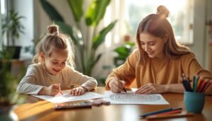 Creative growth through coloring activities showing a child and an adult coloring together in a calm, bright home environment, highlighting creativity, learning, and relaxation for all ages.