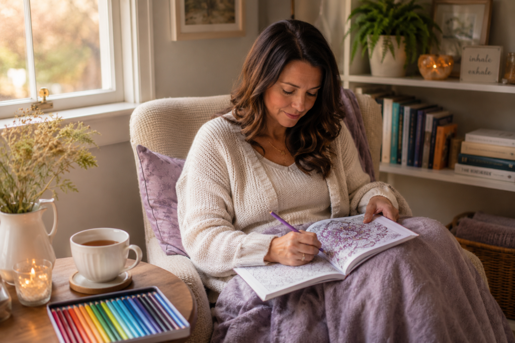 Woman relaxing while coloring floral coloring pages for stress relief and mindfulness