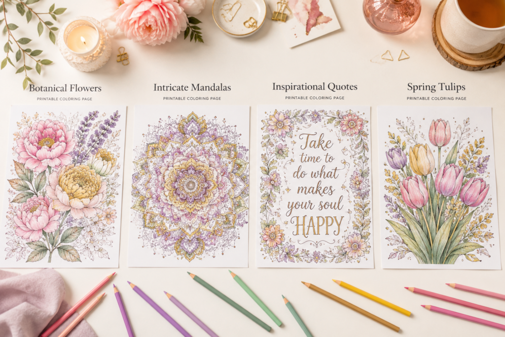 Floral, mandala, quote and tulip printable coloring pages displayed together