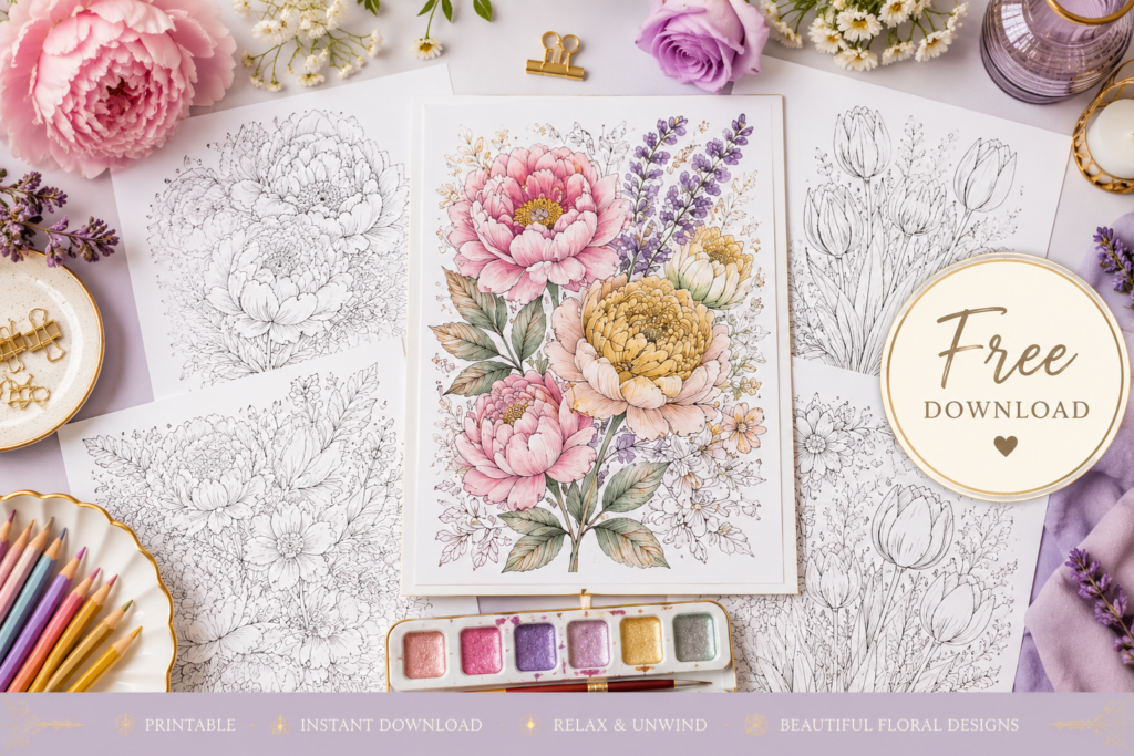 Free floral and tulip coloring pages available for instant download