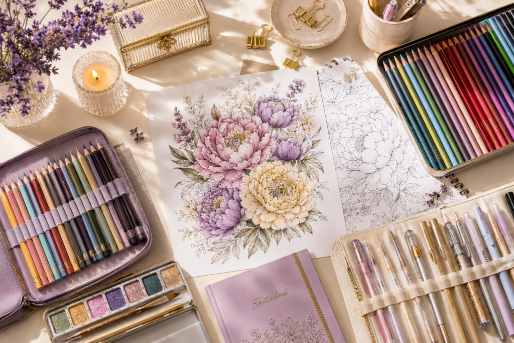 Colored pencils, markers and gel pens for adult coloring pages