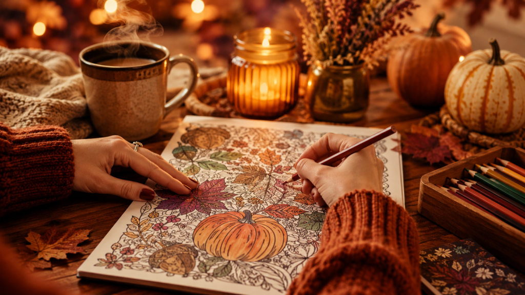 Adult coloring pages for the autumn holiday season — woman's hands coloring a detailed harvest page beside a candle and warm mug