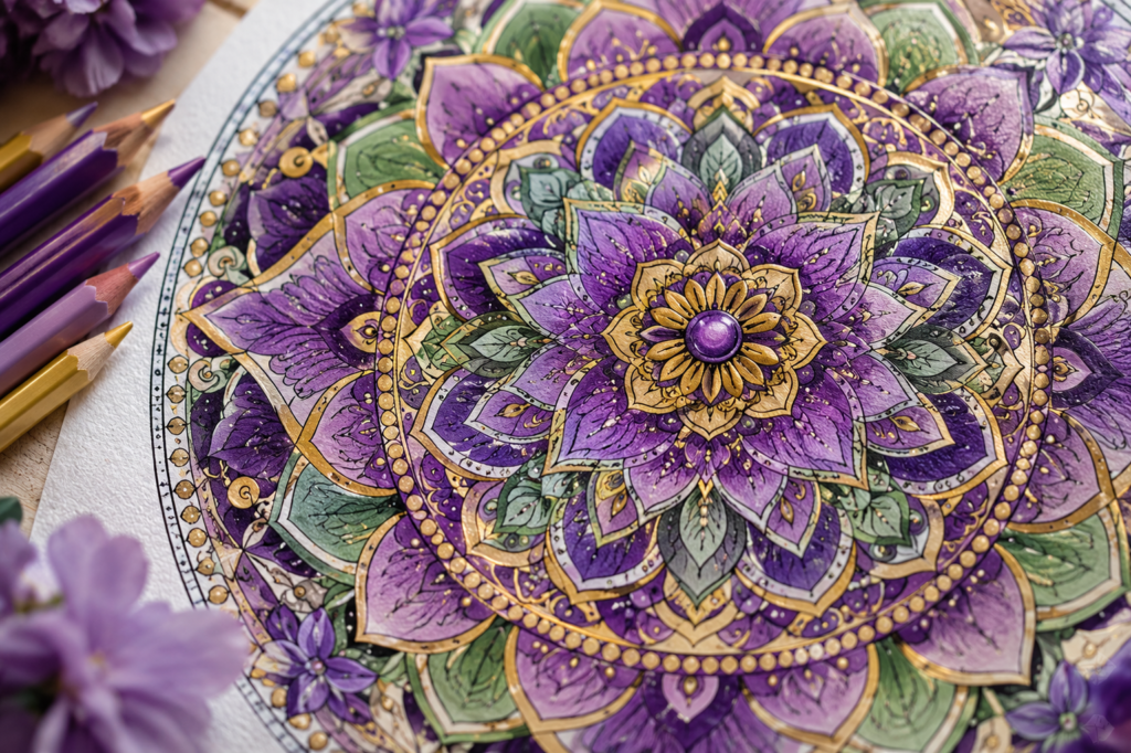Finished mindfulness coloring page featuring a detailed mandala in purple, gold and green — adult coloring for stress relief