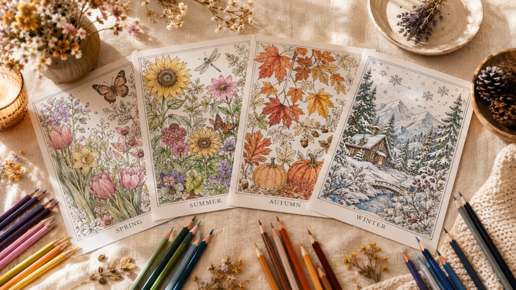 Holiday coloring pages for adults showing four seasonal designs — spring, summer, autumn and winter — with coloring pencils on a cream surface