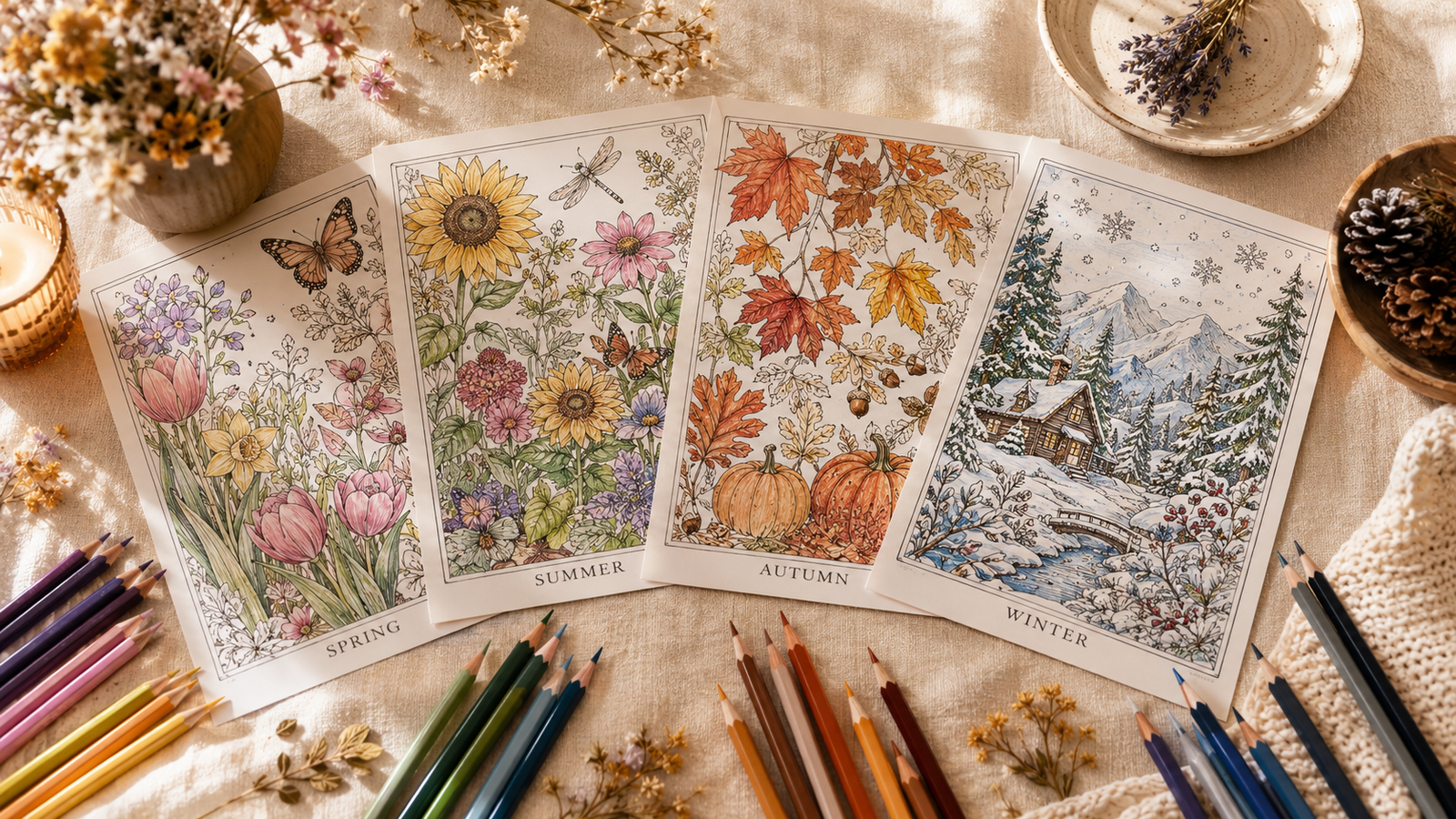 Holiday coloring pages for adults showing four seasonal designs — spring, summer, autumn and winter — with coloring pencils on a cream surface