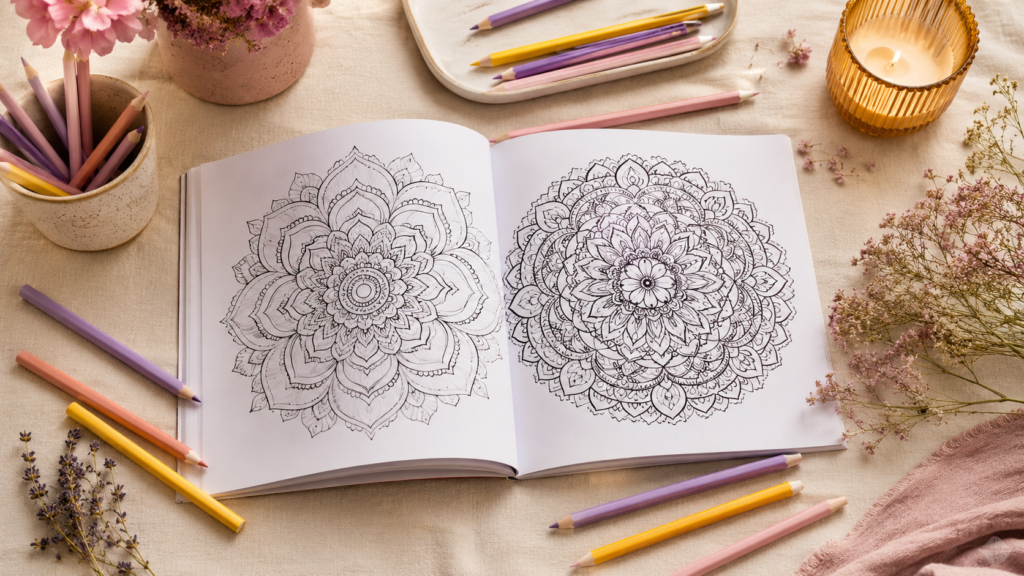 Mindfulness coloring pages open to a mandala design surrounded by pastel coloring pencils on a cream surface