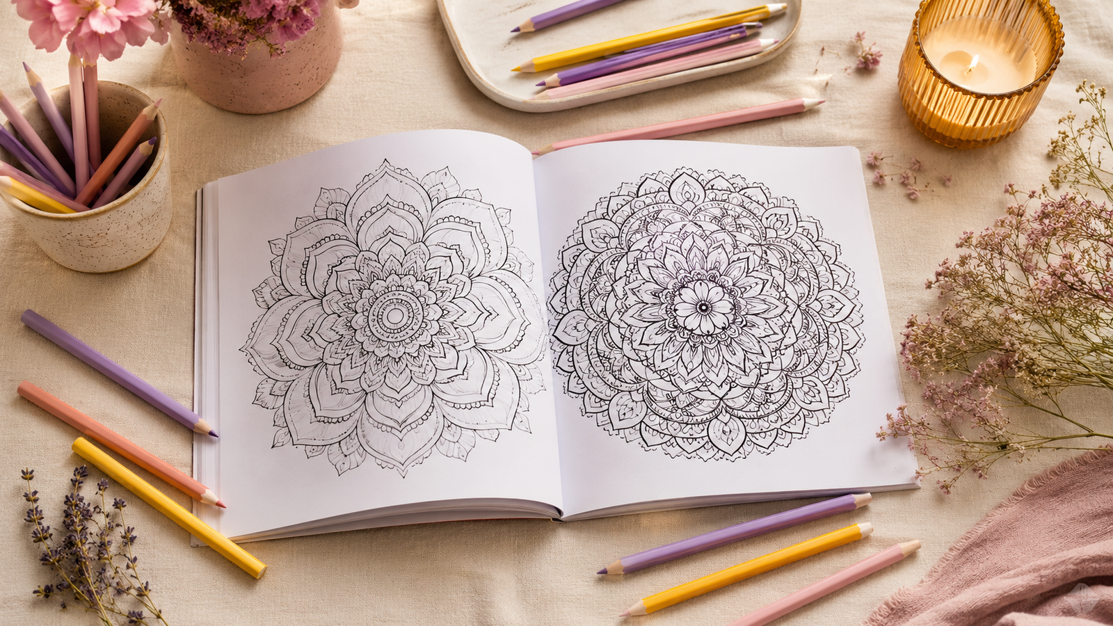 Mindfulness coloring pages open to a mandala design surrounded by pastel coloring pencils on a cream surface