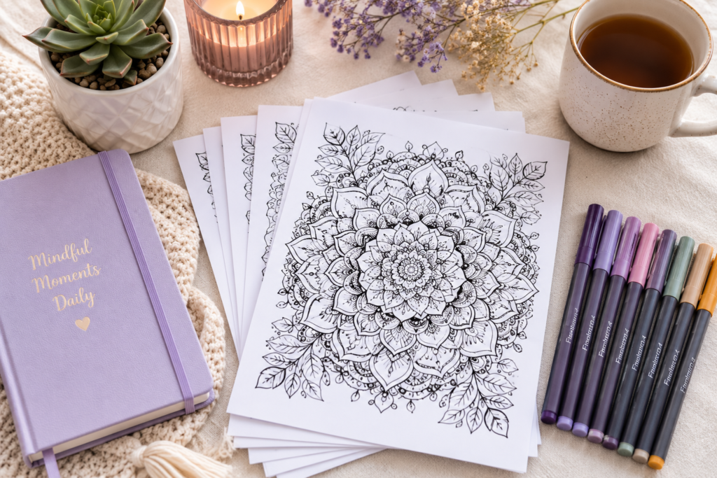 Printable mindfulness coloring pages stacked on a desk with fine-tip pens, a succulent and a journal in a calm self-care setup