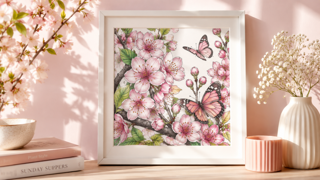 Finished spring holiday coloring page for adults featuring cherry blossoms and butterflies in soft pinks and greens displayed in a white frame