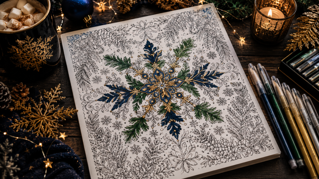 Winter holiday coloring page for adults with intricate snowflake design partially coloured in navy and gold using metallic gel pens