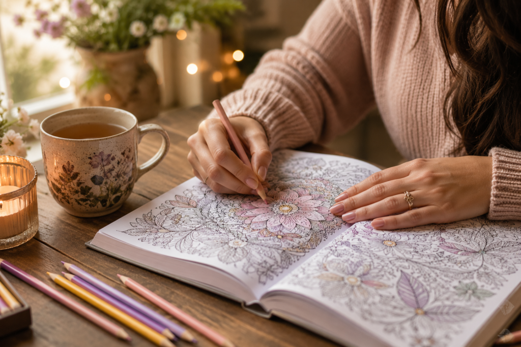 Woman's hands coloring an intricate floral mindfulness coloring page by a sunny window with a mug of tea nearby