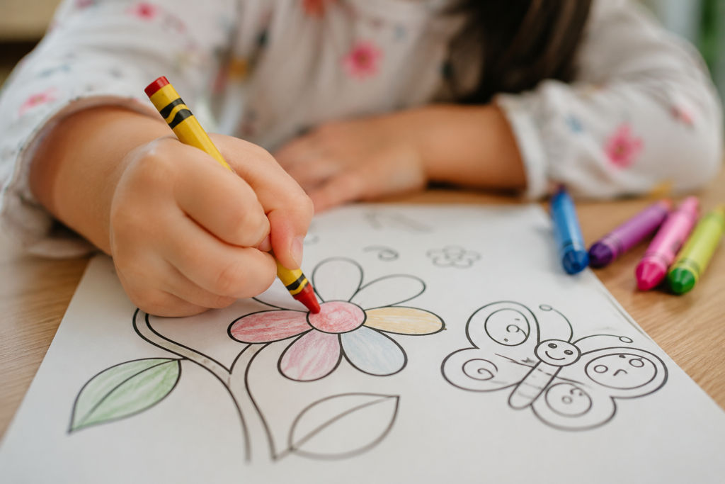 Child coloring a flower and butterfly.