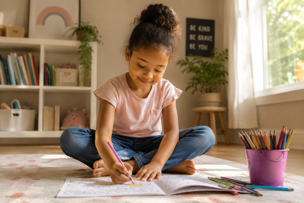 Girl coloring on the floor happily.