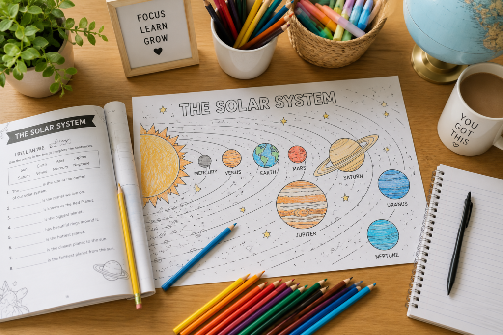 Colorful solar system educational materials.