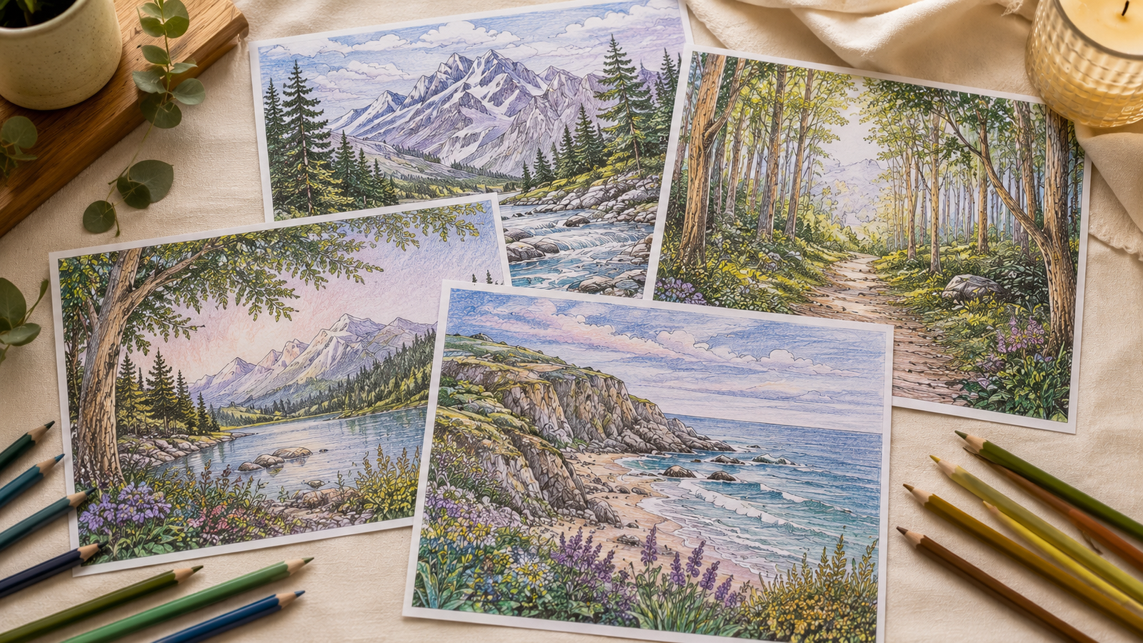 Four scenic landscape illustrations on table