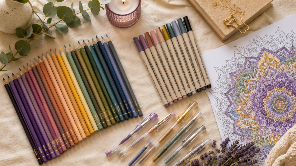 Colorful art supplies and coloring page